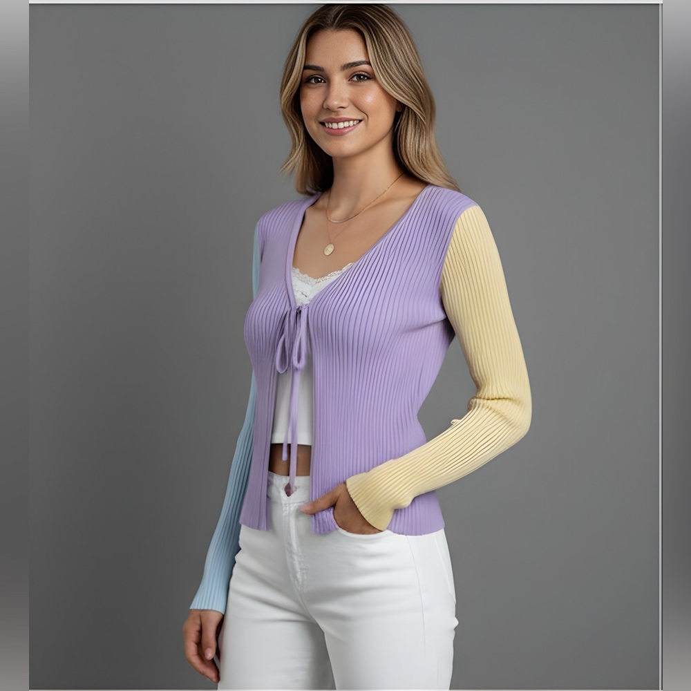 Rib Knit Tie Front Color Block Cardigan - Picture 2 of 7